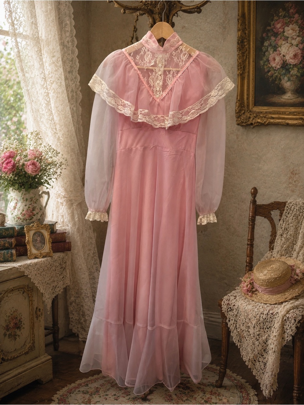 Vintage 1970s Pink Prairie Maxi Dress Lace Sheer Overlay Gunne Sax Style